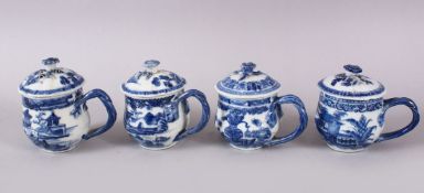 A SET OF FOUR 18TH / 19TH CENTURY CHINESE BLUE & WHITE PORCELAIN CUDDLE CUPS & COVERS, each