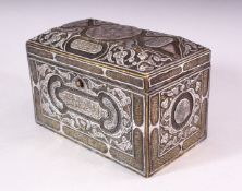 A GOOD 19TH CENTURY SYRIAN SILVER, COPPER AND BRASS RECTANGULAR CASKET, with panels of calligraphy