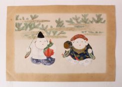 A EARLY 20TH CENTURY JAPANESE WOODBLOCK PRINT - TWO LUCKY GODS - EBISU & DAIKOKU, stood in
