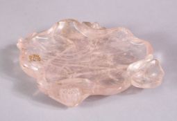 A CHINESE CARVED TRANSLUCENT ROSE QUARTS LOTUS FORM DISH, with a pale rose colour with frosted