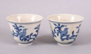 A SMALL PAIR OF CHINESE BLUE & WHITE PORCELAIN TEA CUPS, decorated with floral decoration, the bases