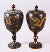 TWO GOOD 19TH CENTURY OR EARLIER CHINESE CLOISONNE STEM VASES & COVERS, each decorated with gilt
