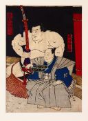 A JAPANESE MEIJI PERIOD WOODBLOCK PRINT - JAPANESE SUMO WRESTLER'S - signed and sealed,