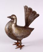 A 19TH CENTURY PERSIAN QAJAR SILVER AND GOLD INLAID STEEL MODEL OF A BIRD, 18cm high.