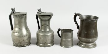 AN 18TH CENTURY FRENCH PEWTER TAPPIT HEN 7 ins high. A jug 7 ins high and two tankards (4).