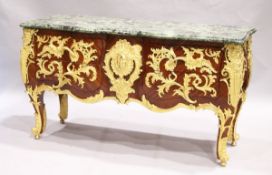 AN ENORMOUS LOUIS XVITH STYLE MARBLE TOPPED COMMODE with shaped grey marble top. The front smothered