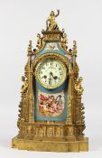 A GOOD LOUIS XVI GILT METAL AND SEVRES MANTLE CLOCK with Serves panels, cupids and flowers, the case