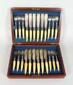 A MAHOGANY CANTEEN OF TWELVE BONE HANDLES FISH KNIVES AND FORKS, Benetfink & Co. Cheapside.