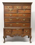 AN 18TH CENTURY CHEST ON STAND with mould cornice, three frieze drawers over two short and two long,