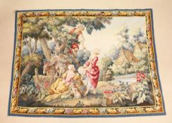 A GOOD AUBUSSON TAPESTRY WALL HANGING, depicting a romantic scene of three figures gathering