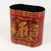 A CHINESE DESIGN RED TOLE WARE BIN 12 ins high