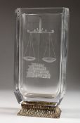 A GOOD, POSSIBLY BACCARAT, GLASS VASE engraved with a scales of justice on a silver base. 8.5 ins