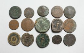 A MIXED LOT OF ROMAN, ENGLISH AND FOREIGN COINS, (15 )bronze