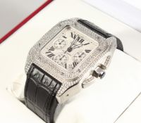 A SUPERB CARTIER STAINLESS STEEL DIAMOND SET WRIST WATCH with leather strap No. 169549 LX 2740 in