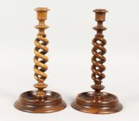 A PAIR OF TURNED SPIRAL OLIVE WOOD CANDLESTICKS 10 ins high