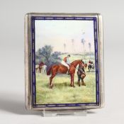 A SUPERB SILVER AND ENAMEL CIGARETTE CASE with enamel lid, Horse and jockey 3.5 ins x 3 ins