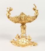 A GILT BRONZE TWO HANDLED PEDESTAL COMPORT 9 ins high.