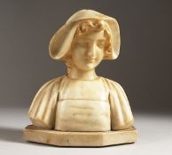 A GOOD 1920'S CONTINENTAL CARVED MARBLE BUST OF A YOUNG GIRL. 7ins high.
