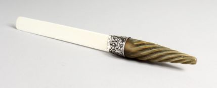 A VICTORIAN IVORY PAPER KNIFE WITH RHINO HANDLES and silver band, 14 ins long Birmingham 1890