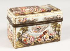 A SUPERB LARGE CAPODIMONTE RECTANGULAR CASKET with classical scenes in relief 9 ins long, 6 ins