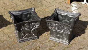 A SMALL PAIR OF 19TH CENTURY FRENCH BLACK CAST IRON JARDINIERES. 1 ft 1 ins square