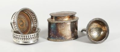 AN OVAL CADDY AND COVER, WINE STRAINER AND PAIR OF WINE COASTERS (4)