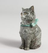 A GOLD PAINTED BRONZE SEATED CAT INKWELL 3.5 ins high