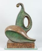 A LARGE ABSTRACT SPECKLED BRONZE FIGURE on a rectangular shell. 20 ins high.