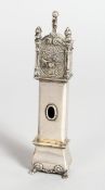 A DUTCH SILVER MINIATURE LONGCASE CLOCK 4.5 ins long.