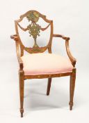 A SHERATON REVIVAL PAINTED SATINWOOD ARMCHAIR