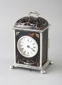 A GOOD SILVER AND TORTOISESHELL CARRIAGE TIMEPIECE, with circular white enamel dial, Roman numerals,