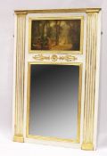 A GEORGIAN DESIGN, CREAM PAINTED AND GILT UPRIGHT MIRROR with a painting of Georgian figures in a