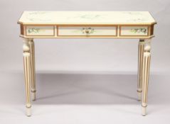 A CREAM AND GILT SINGLE DRAWER SIDE TABLE painted with flowers. 3 ft 4 ins long , 1 ft 4 ins deep, 2