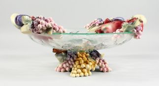 AN ITALIAN AND EVIK GLASS AND POTTERY FRUIT AND VINE DISH, 16 ins diameter.