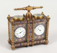 A MINIATURE CLOISONNE ENAMEL DOUBLE CARRIAGE CLOCK 4.5 ins wide.