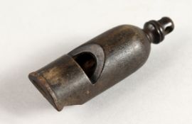 A CARVED RHINO WHISTLE. Engraved N.E.R. 2.5ins long.
