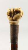 A 19TH CENTURY WALKING STICK with carved IVORY CLENCHED FIST HOLDING A SNAKE and silver band. 2ft