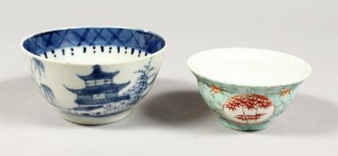 TWO CHINESE TEA BOWLS 3.5 ins x 4 ins diameter.