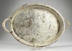 A TWO HANDLED OVAL PLATED TRAY, 1 ft. 2 in. long.