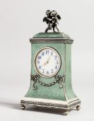 A SUPERB RUSSIAN SILVER AND ENAMEL CLOCK, the top with two cupids, stamped 88, ER and Faberge