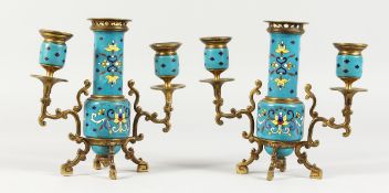 A GOOD PAIR OF 19TH CENTURY FRENCH CHAMPLEVE CHINESE DESIGN STICKS, with double scrolling branches