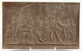 A RECTANGULAR POTTERY PLAQUE. 11ins x 6.5ins.