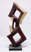A LARGE POLISHED AND PATINATED BRONZE SCULPTURE, with three entwined squares supported on a plinth