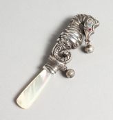 A SILVER AND MOTHER OF PEARL SEA HORSE RATTLE