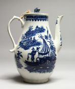 A CAUGHLEY BLUE AND WHITE WILLOW PATTERN COFFEE POT AND COVER, (fisherman pattern). 9ins high.