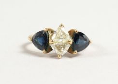 A GOOD THREE STONE SAPPHIRE AND DIAMOND RING