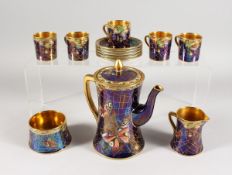 A CARLTON WARE BLUE BUTTERFLY COFFEE SET, comprising coffee pot and cover, sugar basin, milk jug,