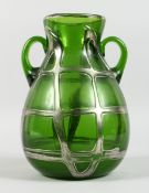 A GOOD LOETZ STYLE GREEN GLASS TWO HANDLED VASE with silver mounts, 10 in. high.