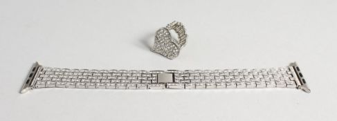 A METAL AND CRYSTAL WATCH STRAP AND RING