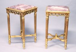 A PAIR OF GOOD GILT WOOD AND MARBLE TOP SQUARE SHAPE OF OCTANGONAL TABLES, 1 ft 4 ins wide x 2 ft